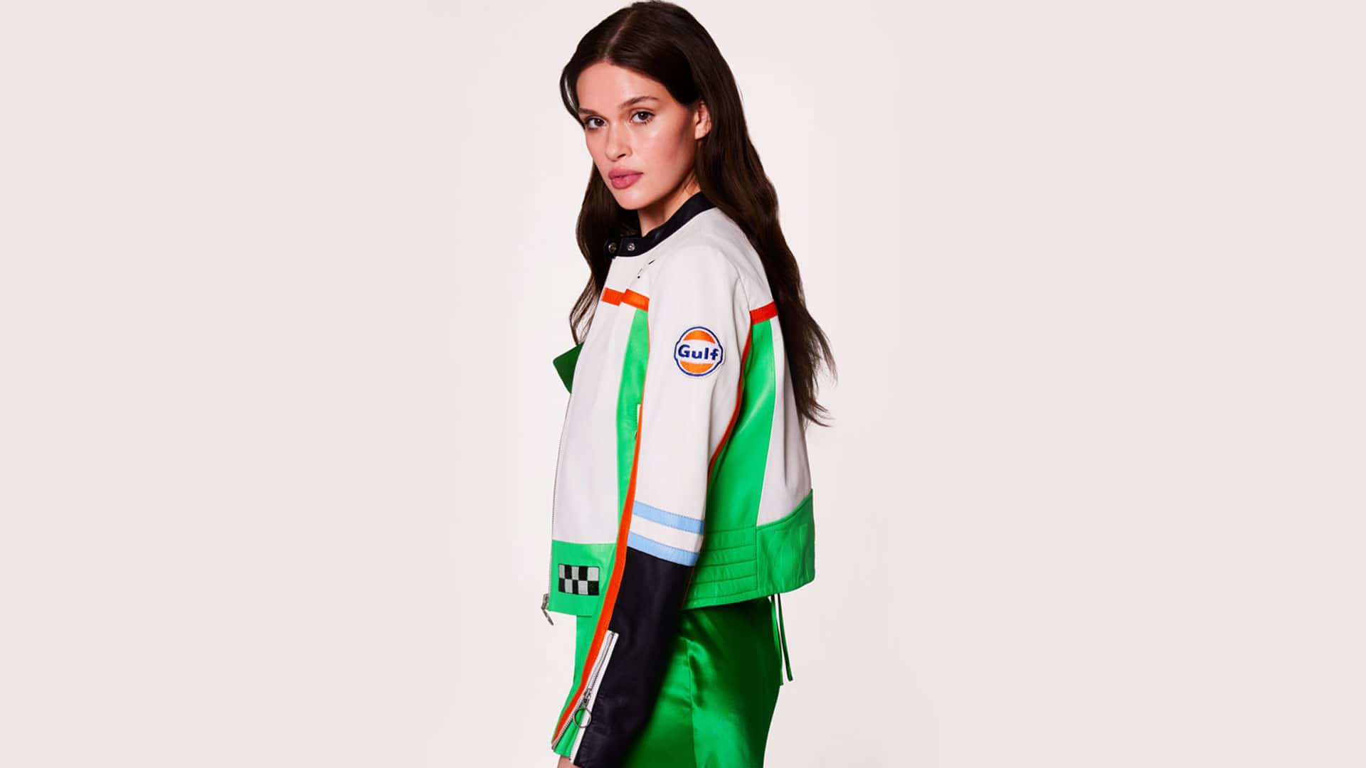 Designer green leather racer jacket