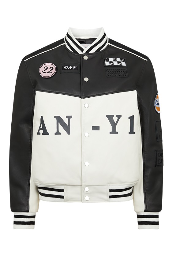 Black and white leather designer bomber jacket