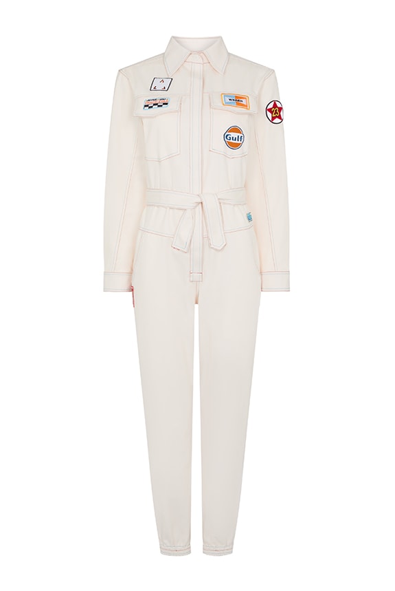 Designer jumpsuit in white with motorsports theme