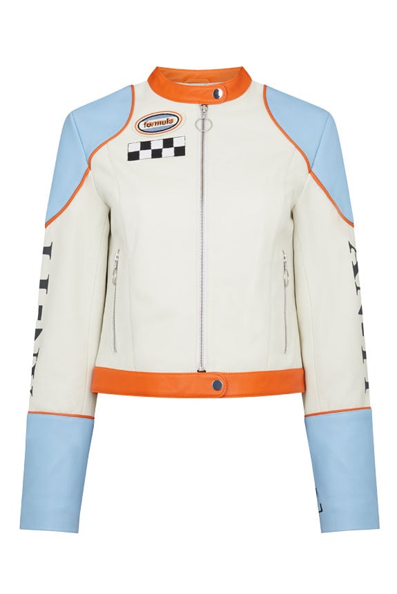leather racer jacket for women - blue and white