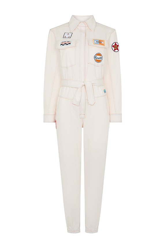 Designer jumpsuit in white with motorsports theme