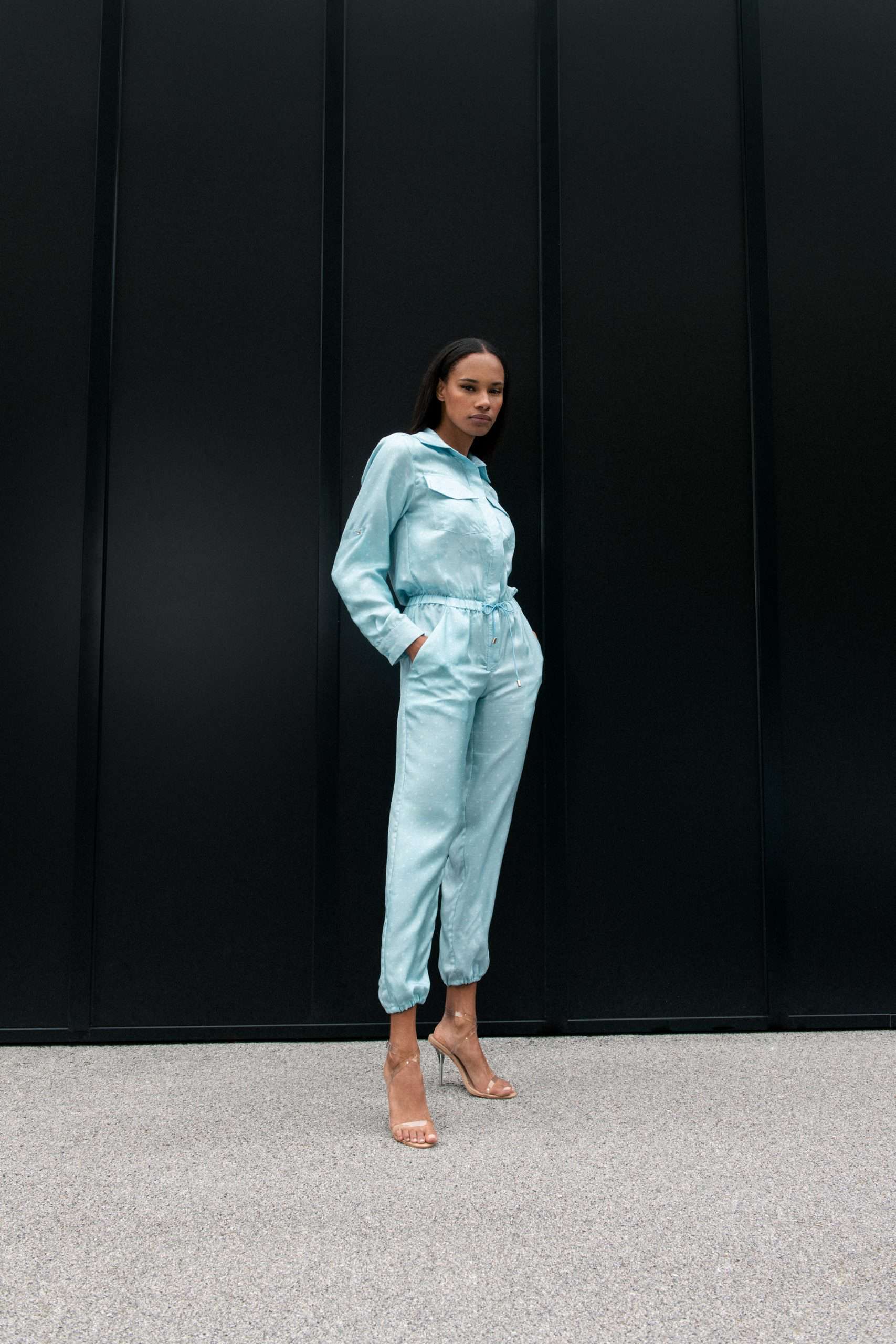 Luxury silk jumpsuit in baby blue