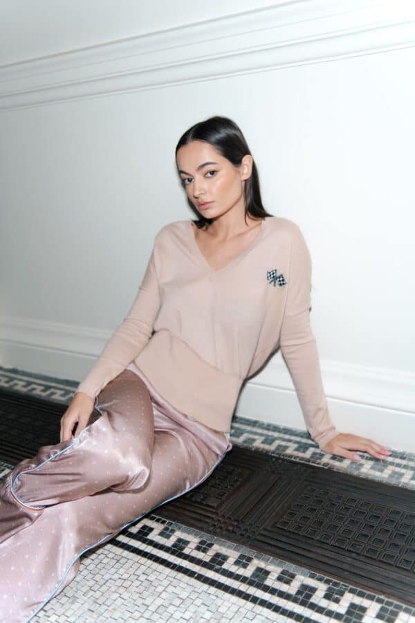 AN-Y1 // Palm Cashmere V Neck Beige Jumper - Image 7