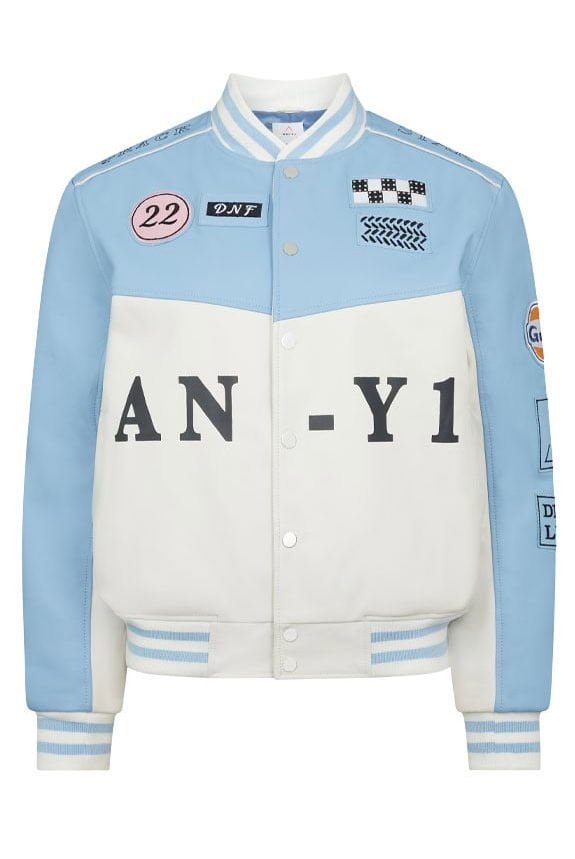 The AN-Y1 designer leather bomber jacket in blue and white
